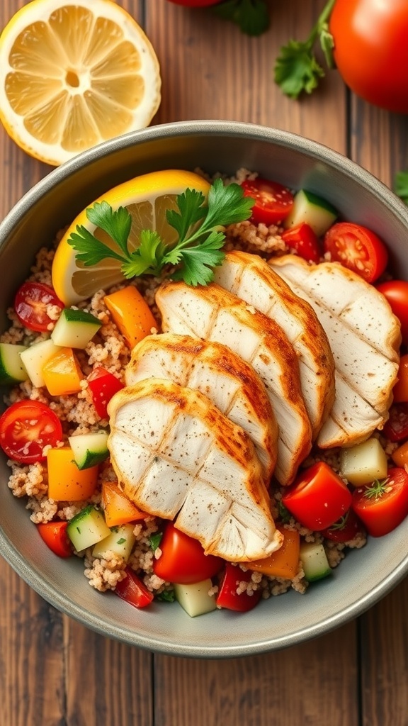 Grilled chicken on quinoa with tomatoes, cucumber, and bell peppers, garnished with parsley and lemon.